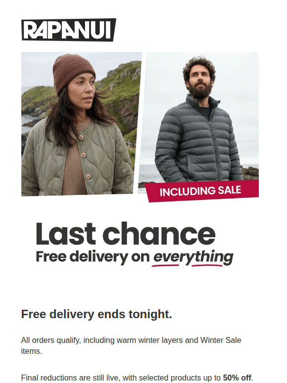 Free Delivery ends tonight + Last chance for Winter Sale