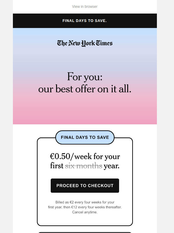 Sale ends soon. Summer savings: €0.50 a week.