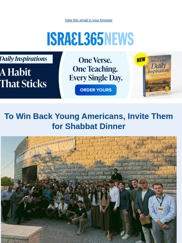 To Win Back Young Americans, Invite Them for Shabbat Dinner and Today's Top Stories