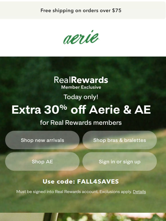 TODAY ONLY! Extra 30% off Aerie & AE for Real Rewards members