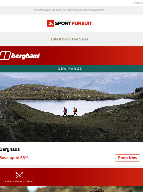 Up to 73% Off: Berghaus | Crew Clothing Co. | Camelbak | Amont Clothing | Cosy Slippers