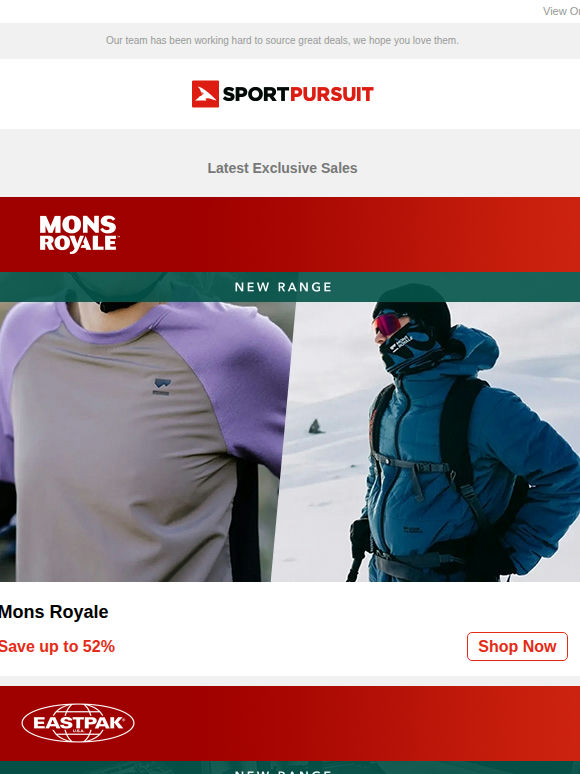 Mons Royale - New Range | Eastpak | Big Mountain Brands | G-Form Protection | Lowe Alpine | Up to 70% Off!
