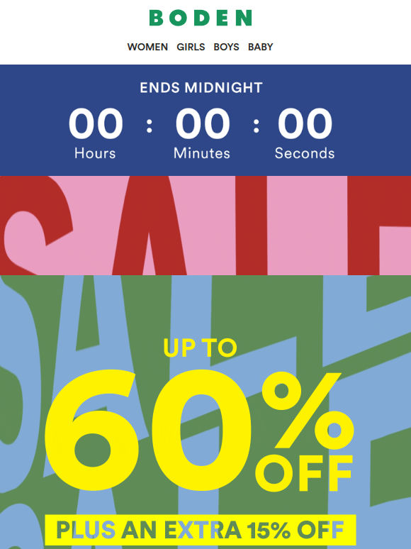 Extra 15% off sale ends midnight
