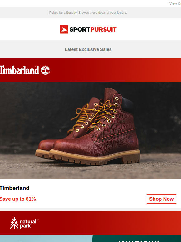 Up to 71% Off: Timberland | Natural Park | Red Bull SPECT Sunglasses | Gruezi Bag | Big Golf Brands
