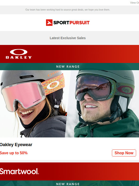 Oakley - New Range | Smartwool Ski Socks | Crew Clothing Co. | Sealskinz Accessories | Camelbak | Up to 72% Off!