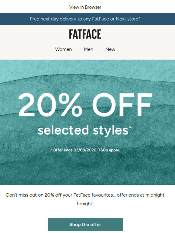 FINAL HOURS: 20% off selected styles