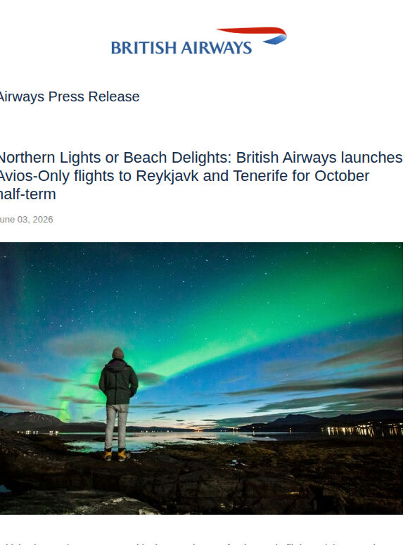 NORTHERN LIGHTS OR BEACH DELIGHTS: BRITISH AIRWAYS LAUNCHES AVIOS-ONLY FLIGHTS TO REYKJAVÍK AND TENERIFE FOR OCTOBER HALF-TERM
