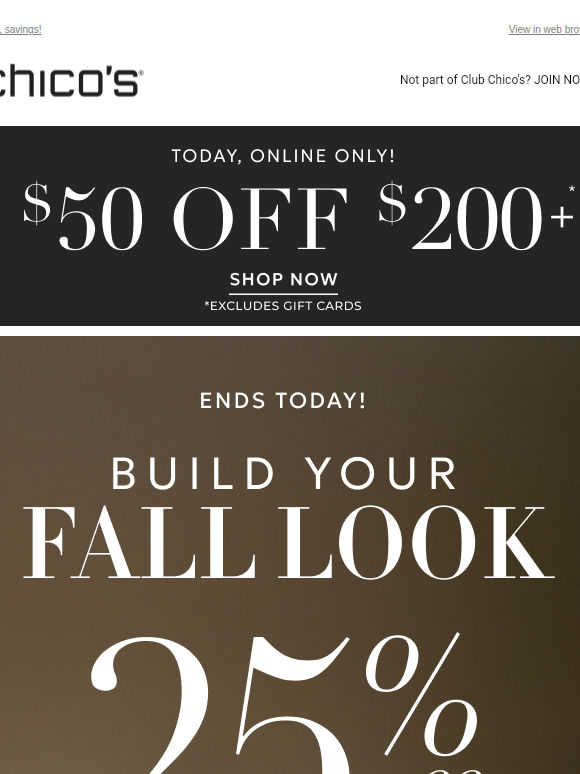 LAST LOOK! 25% off and $50 off $200+ (excl .apply)