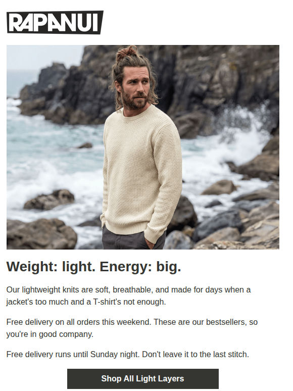 Free delivery this weekend. Light knits, big energy.