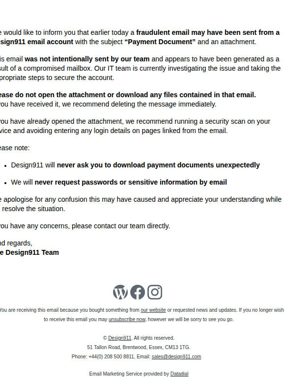 Important: Fraudulent Email Sent from Design911 Account