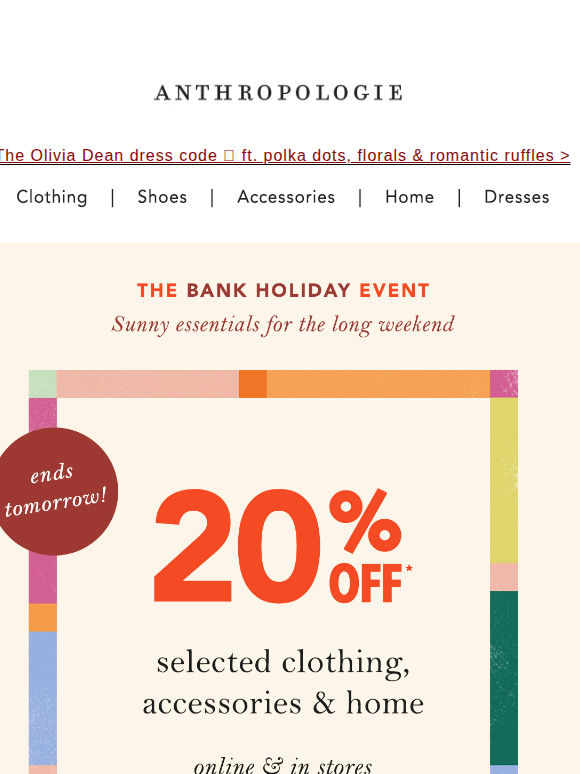 Ending tomorrow: 20% OFF clothing, home & accessories