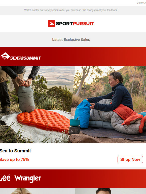 Sea to Summit | Lee & Wrangler | Elevenate | Seeland & Härkila | Adidas Golf | Up to 75% Off!