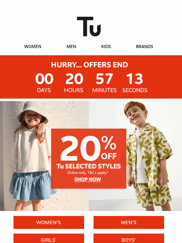 Ends tomorrow - 20% off selected styles