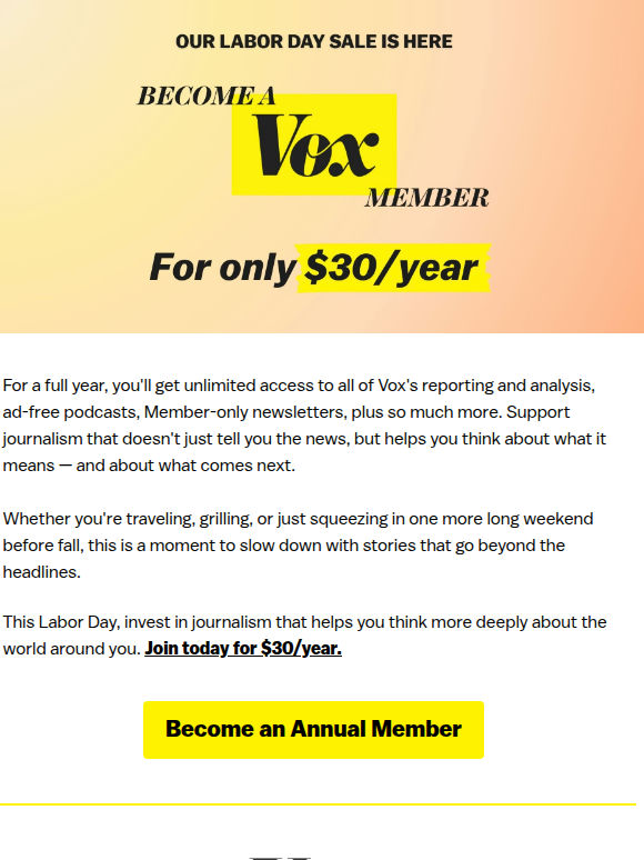 Celebrate Labor Day with Vox for $30/year