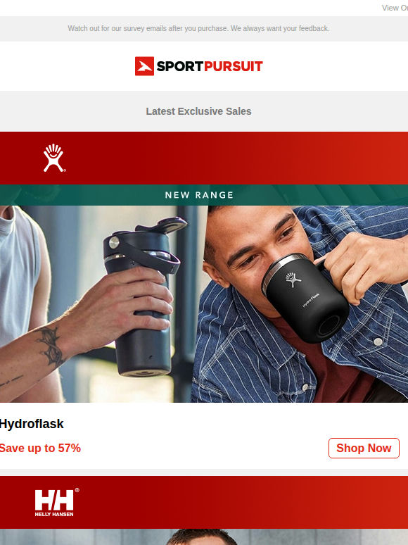 Hydro Flask - New Range | Helly Hansen Outdoor | Nike Streetstyle | Ted Baker Underwear & Nightwear | Merino Wool Tees | Up to 67% Off!