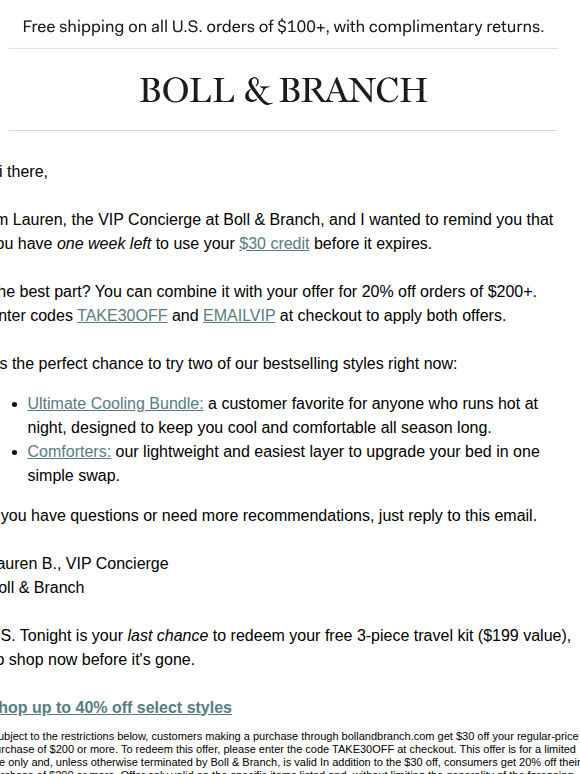 Your $30 credit expires in 1 week
