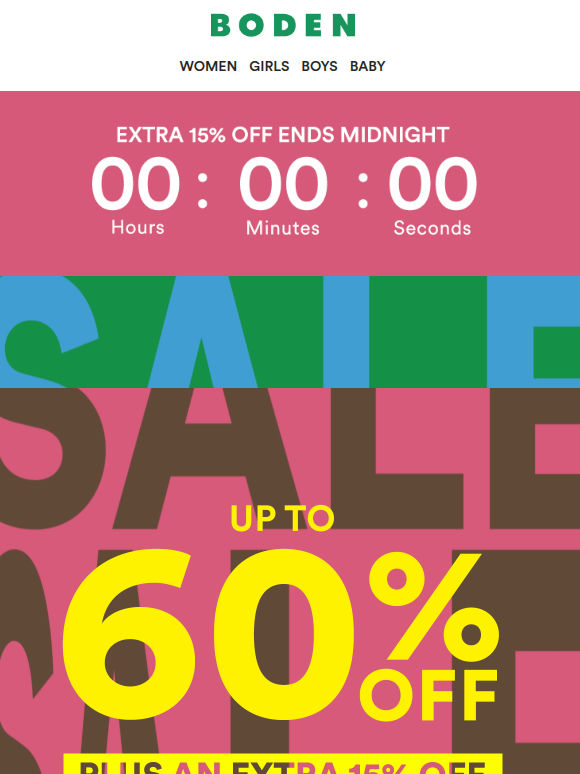 Extra 15% off sale ends midnight
