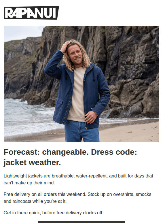 Free delivery this weekend. Lightweight jackets, ready for anything 🌦