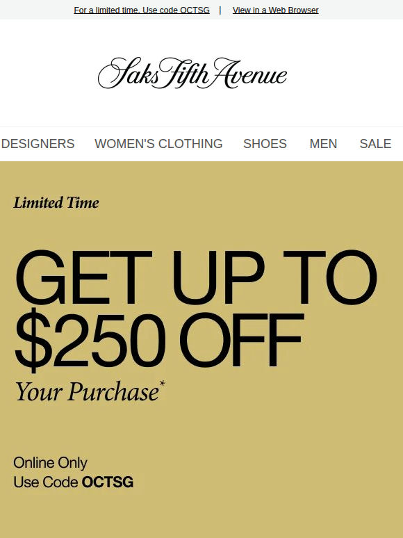 Starts now: Get up to $250 off (when you spend $1000+)