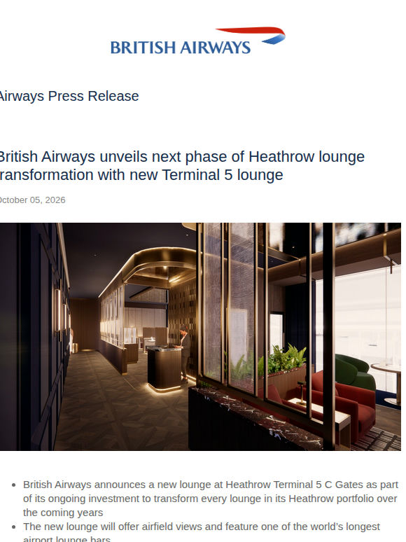 BRITISH AIRWAYS UNVEILS NEXT PHASE OF HEATHROW LOUNGE TRANSFORMATION WITH NEW TERMINAL 5 LOUNGE