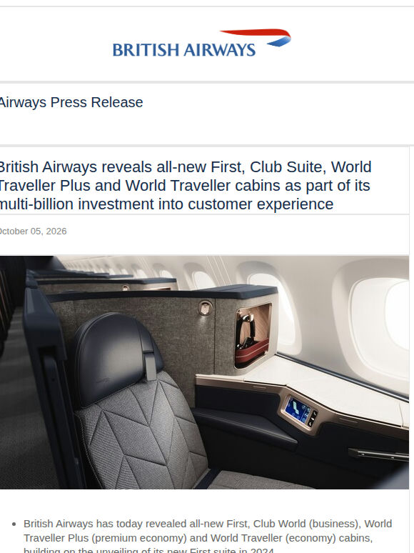 BRITISH AIRWAYS REVEALS ALL-NEW FIRST, CLUB SUITE, WORLD TRAVELLER PLUS AND WORLD TRAVELLER CABINS AS PART OF ITS MULTI-BILLION INVESTMENT INTO CUSTOMER EXPERIENCE
