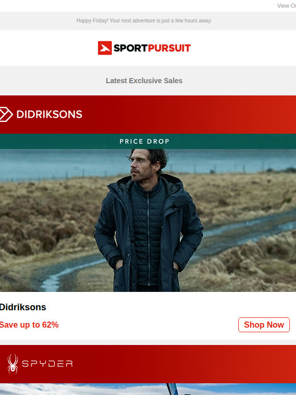 Up to 68% Off: Didriksons - Price Drop | Spyder | Timberland - New Products | Sea to Summit | Geographical Norway & Canadian Peak