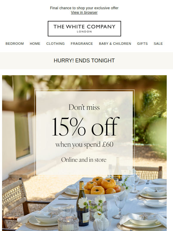 Last few hours: your 15% off ends tonight