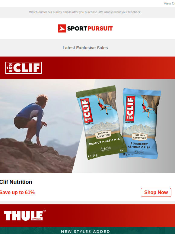 Clif Nutrition | Thule | Danish Endurance | DB Bags | Howies | Up to 61% Off!