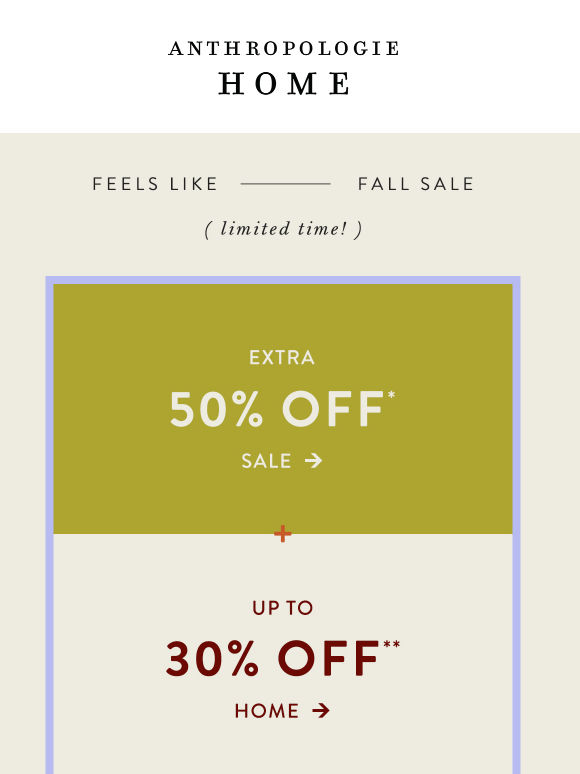 Up to 30% off home + extra 50% off sale