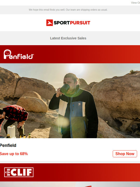 Penfield | Clif Nutrition | The North Face | Veho | Spyder Lifestyle Clothing | Up to 82% Off!