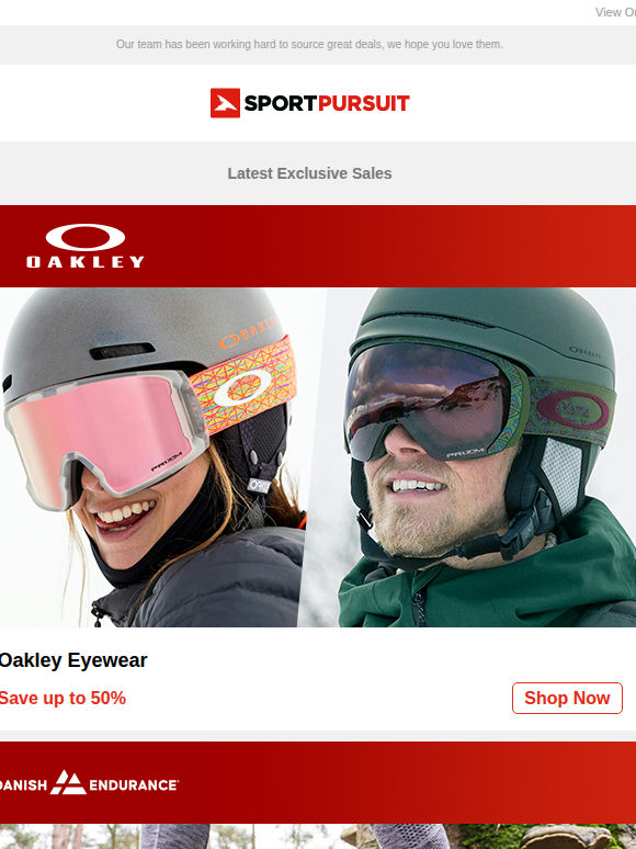 Oakley Eyewear | Danish Endurance | Lyle & Scott Performance & Golf | Best of Camping | Kustom Ski Clothing | Up to 67% Off!