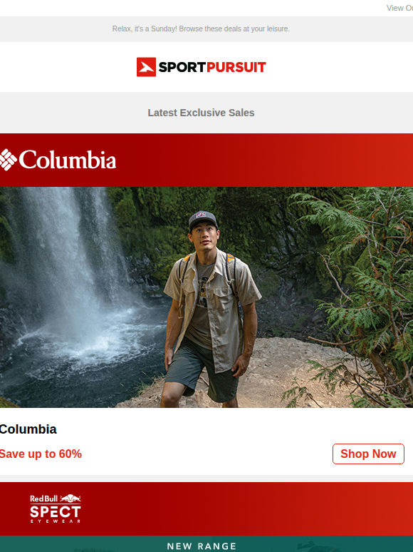 Up to 71% Off: Columbia | Red Bull SPECT Sunglasses | Camping Furniture | Vivobarefoot | G-Star Underwear & Nightwear