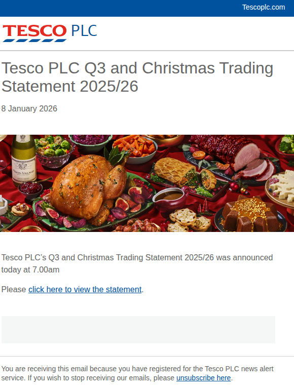 Tesco PLC Q3 and Christmas Trading Statement 2025/26
