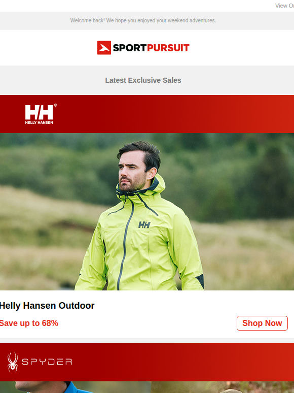 Up to 80% Off: Helly Hansen Outdoor | Spyder Summer Clothing | Craghoppers | Underwear Essentials | Kilpi