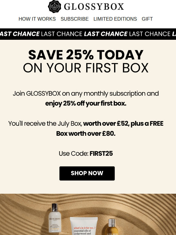5 Hours Left: 25% Off First Box