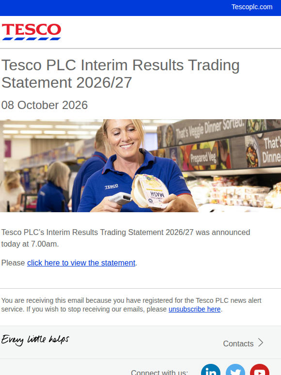 Tesco PLC Interim Results Trading Statement 2026/27