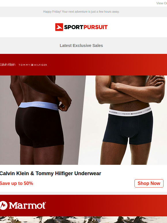 Up to 75% Off: Calvin Klein & Tommy Hilfiger Underwear | Marmot | Huub Cycling | O’Neill Snow | Nutrition