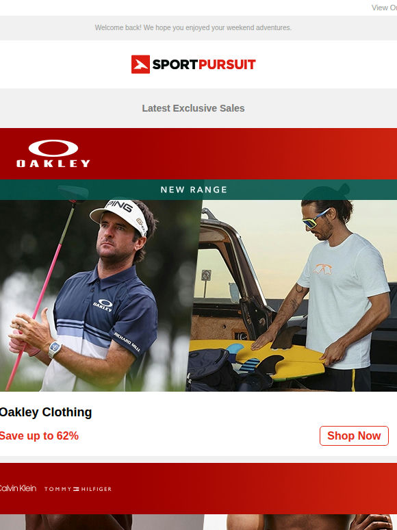 Up to 68% Off: Oakley Clothing | Calvin Klein & Tommy Hilfiger Underwear | Big Mountain Brands | High5 | Helly Hansen Ski Socks