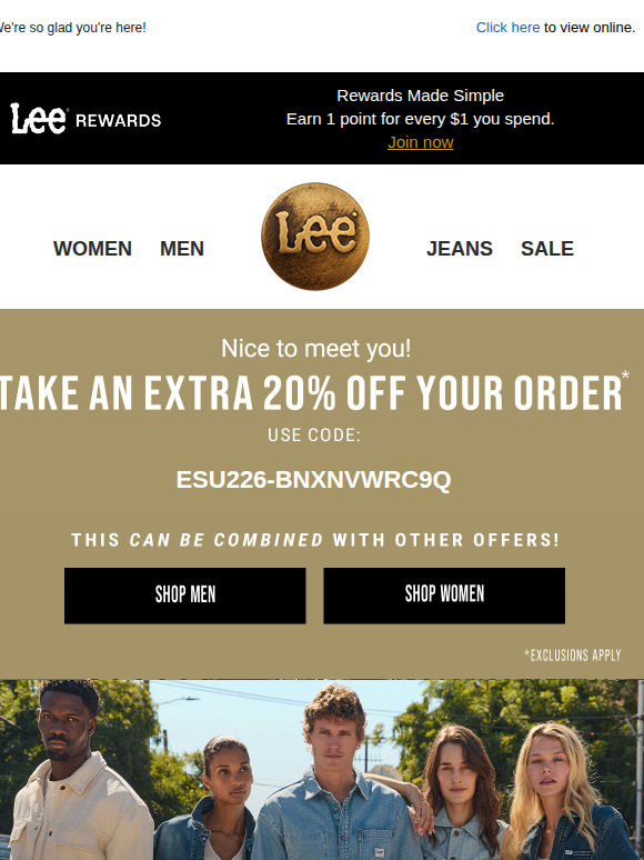 Welcome to Lee 👋. Here's 20% off