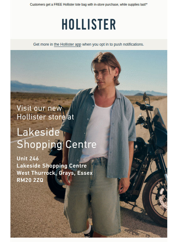 Now open: Hollister at Lakeside in Essex.