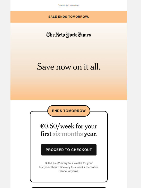 Hurry. Best offer ends tomorrow: €0.50 a week.