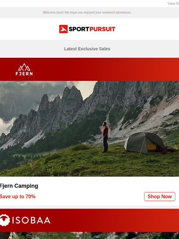Up to 75% Off: Fjern Camping | Isobaa Merino T-Shirts | Volcom | Sea To Summit | Mizuno