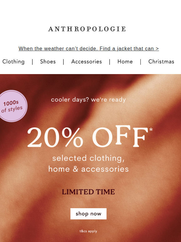 Now on: 20% OFF clothing, accessories & home