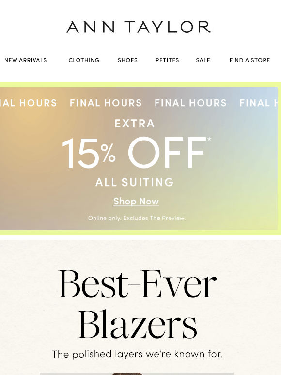 LAST CHANCE For Extra 15% Off All Suiting