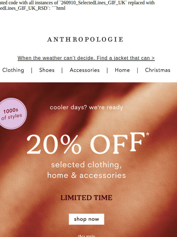 20% OFF clothing, accessories & home