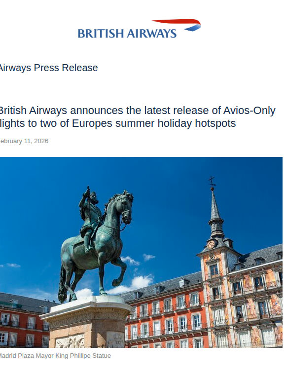 BRITISH AIRWAYS ANNOUNCES THE LATEST RELEASE OF AVIOS-ONLY FLIGHTS TO TWO OF EUROPE’S SUMMER HOLIDAY HOTSPOTS