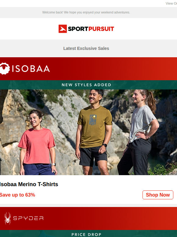 Up to 76% Off: Isobaa Merino T-Shirts | Spyder - Price Drop | Natural Park Wagons | Black Diamond | Sportful Cycling Clothing