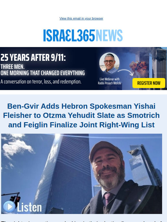 Ben-Gvir Adds Hebron Spokesman Yishai Fleisher to Otzma Yehudit Slate as Smotrich and Feiglin Finalize Joint Right-Wing List and Today's Top Stories