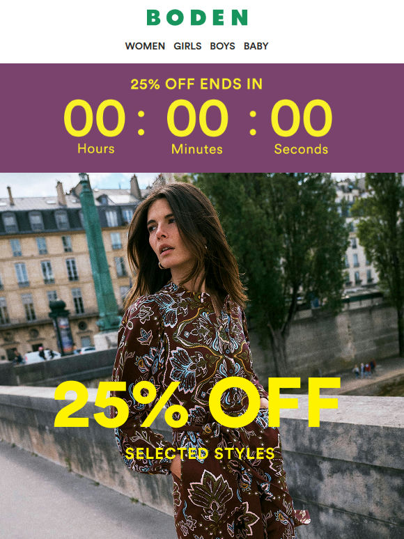 25% off selected styles ends midnight
