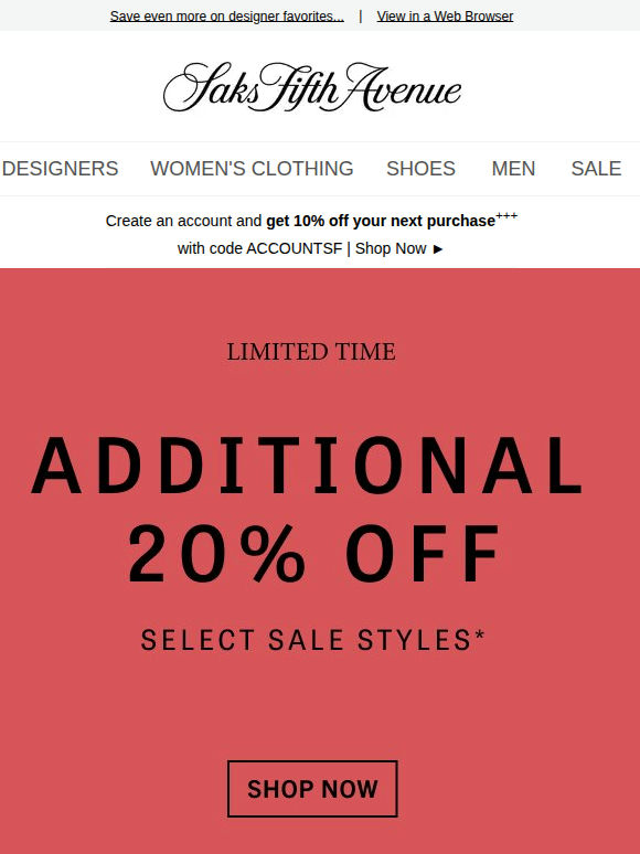 Extra 20% off select sale styles starts now